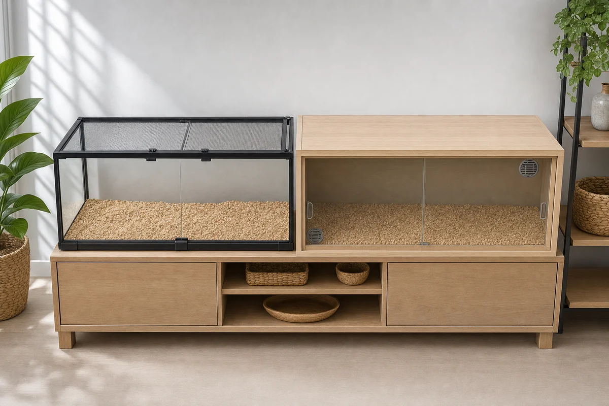 Terrarium szklane z siatkową pokrywą obok drewnianego z kratkami wentylacyjnymi