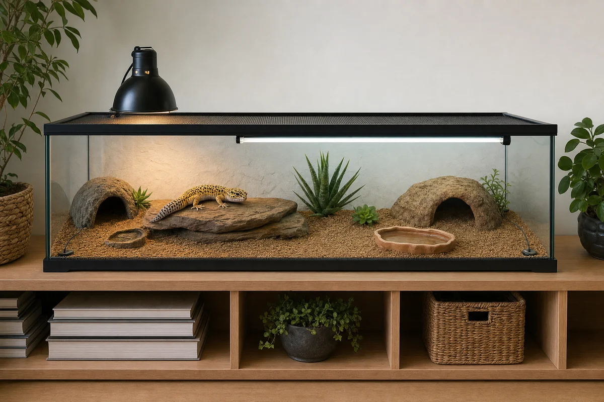 Terrarium z gradientem temperatur: lampa grzewcza i UVB, ciepła i chłodna kryjówka, sondy termometru