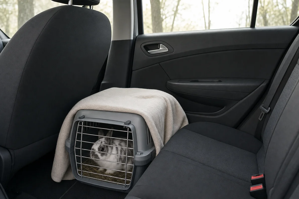 Transporter z królikiem na podłodze samochodu za przednim fotelem