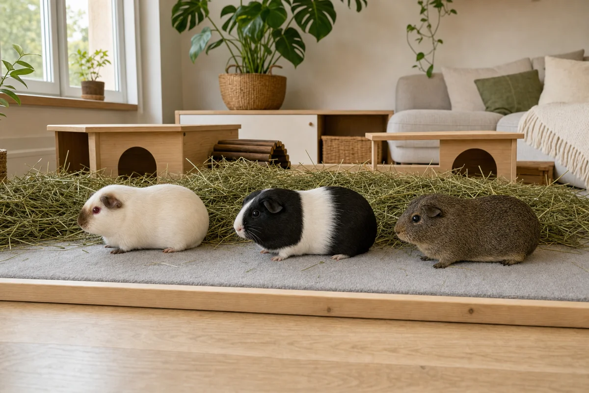 Trzy krótkowłose świnki morskie o różnym umaszczeniu — himalajska, holenderka i agouti