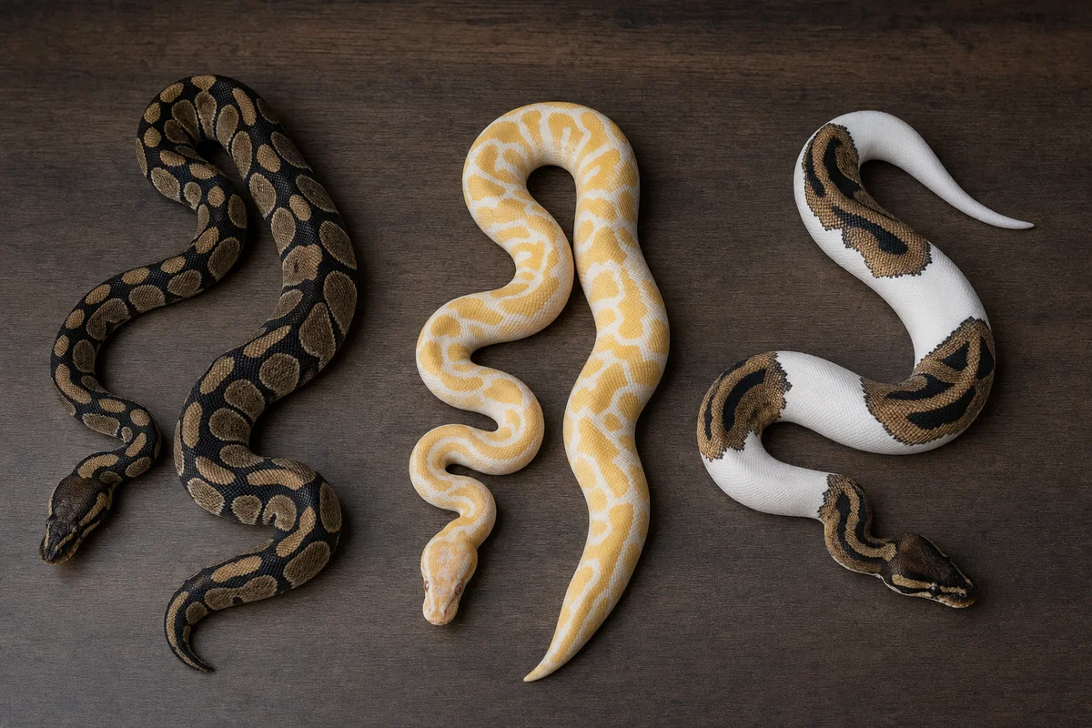 Trzy odmiany pytona królewskiego - naturalna, albinos i piebald
