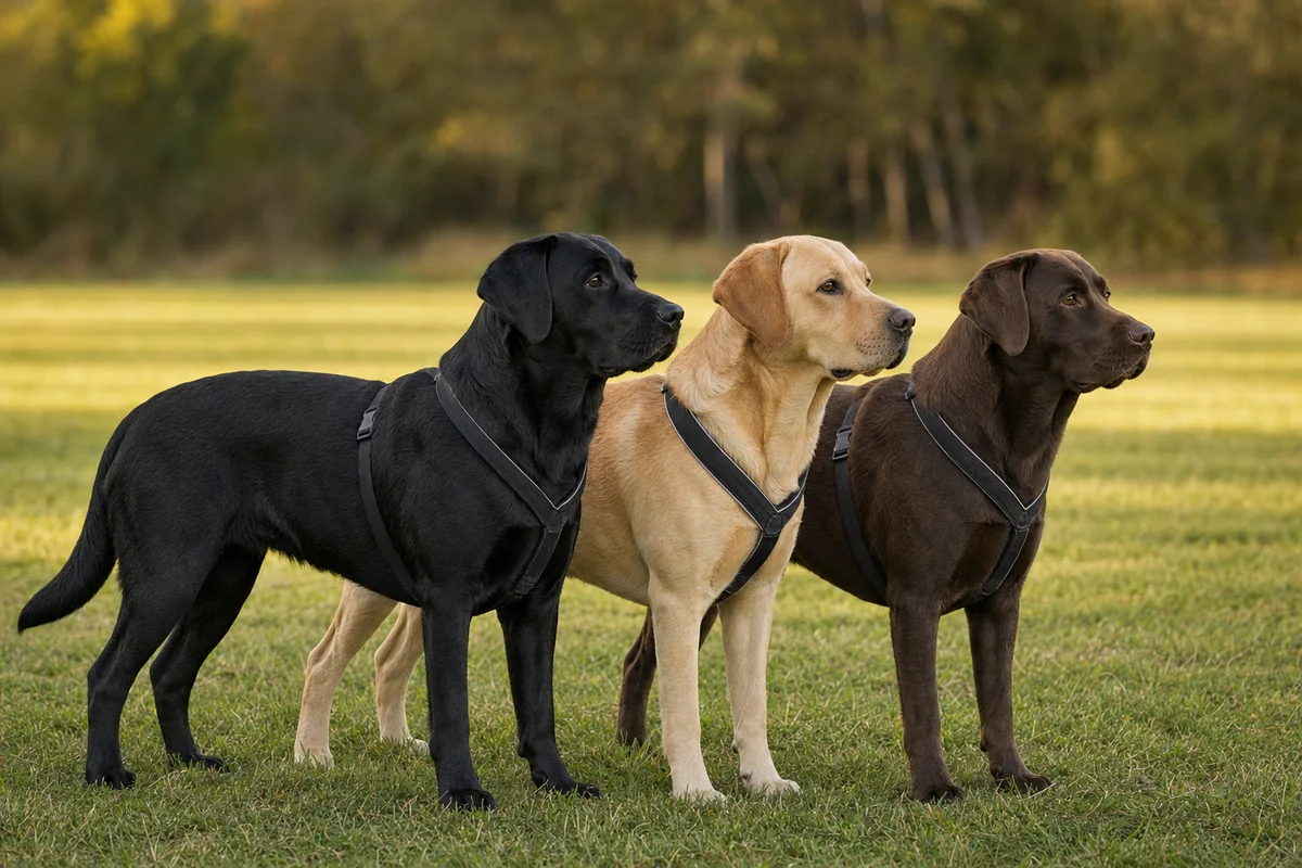 Trzy umaszczenia labradora: czarny, biszkoptowy i czekoladowy