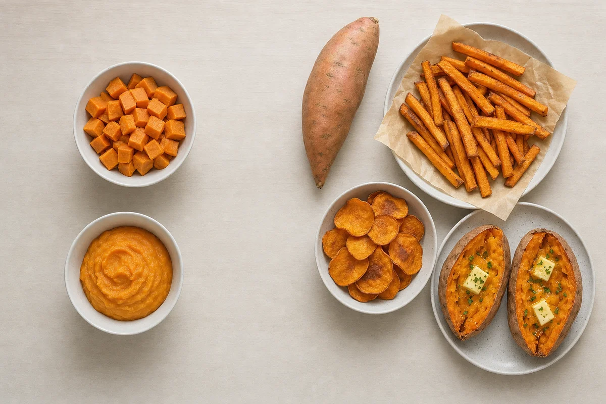 Ugotowany batat dla psa obok surowego batata, frytek, chipsów i batatów z masłem
