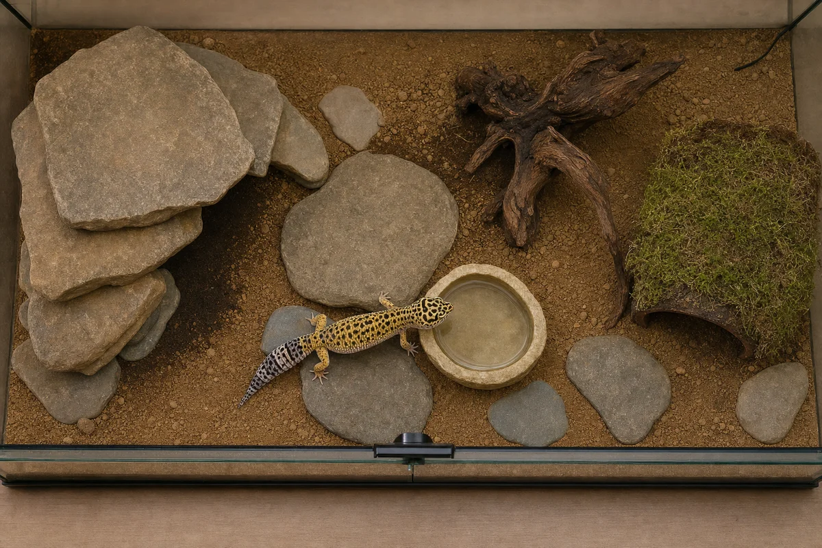 Układ terrarium gekona lamparciego z góry — strona ciepła, chłodna i trzy kryjówki