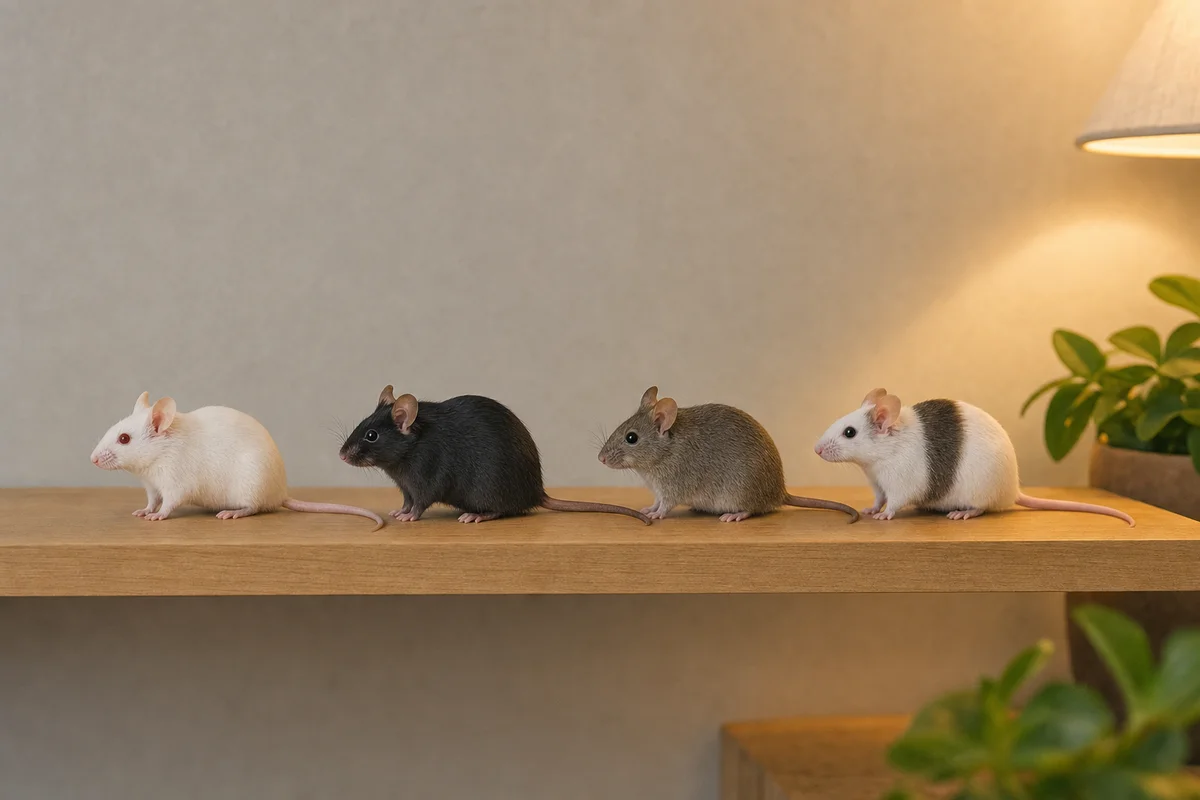 Umaszczenia myszy ozdobnych — biała, czarna, agouti i z pasem