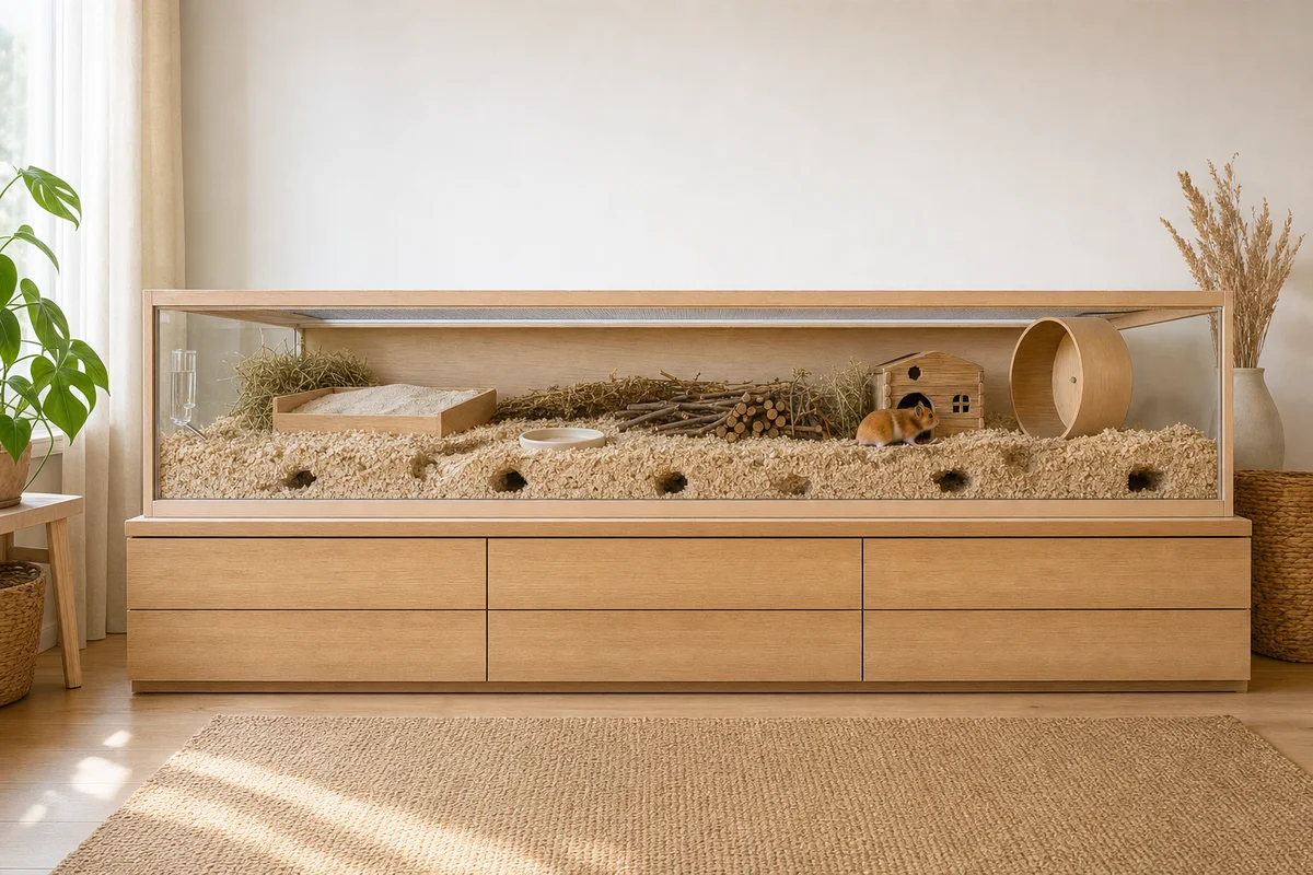 Urządzone terrarium dla chomika z grubą ściółką, domkiem, kołowrotkiem i piaskiem