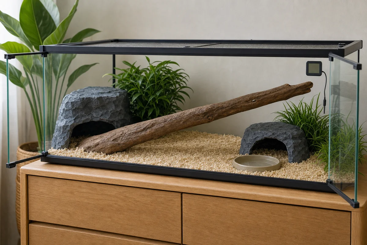 Urządzone terrarium dla węża zbożowego z dwiema kryjówkami i miską