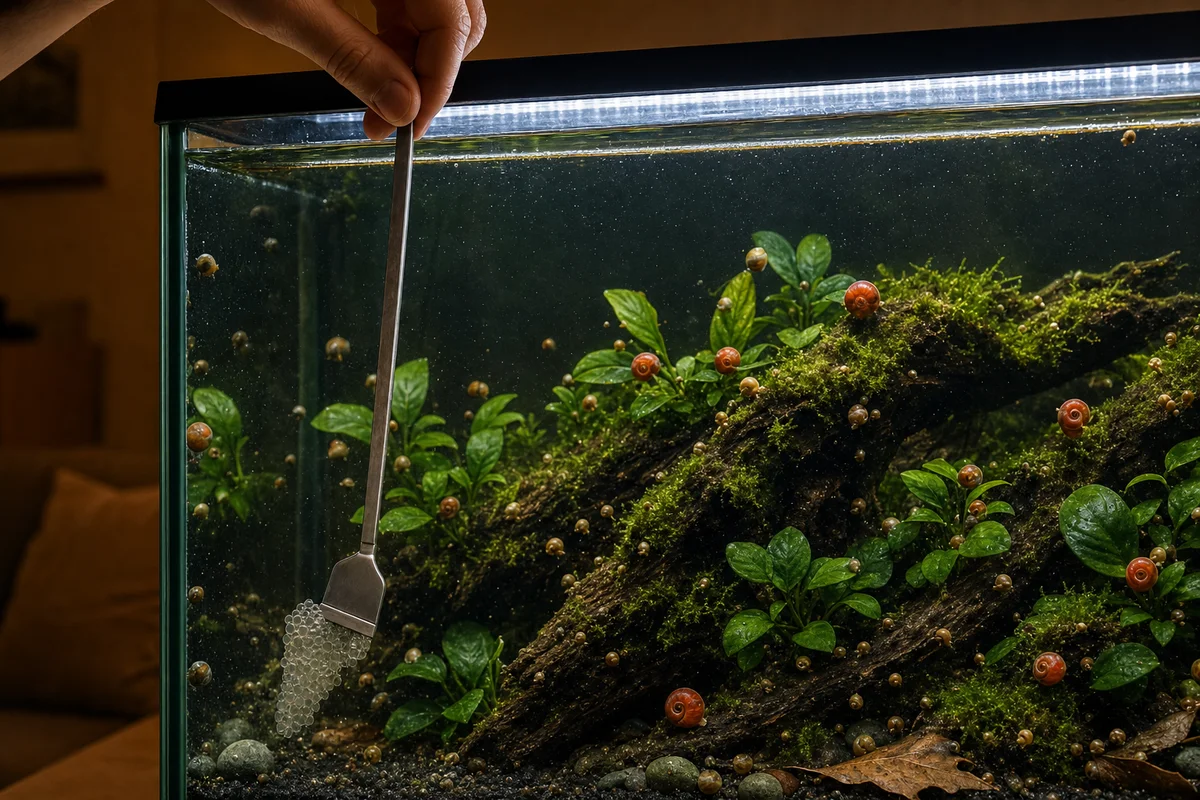 Usuwanie jaj ślimaków z szyby akwarium skrobakiem