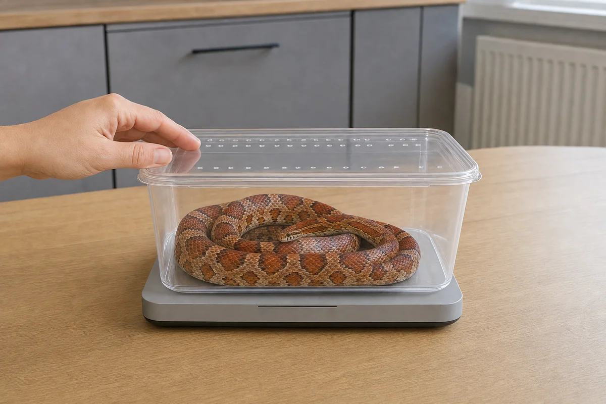 Ważenie węża w zamkniętym pojemniku na wadze kuchennej