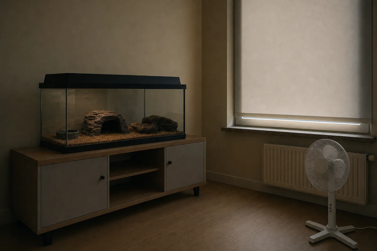 Wentylator w pokoju z terrarium skierowany na pokój, nie na zwierzę