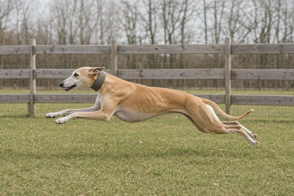 Whippet biegnie na ogrodzonym wybiegu