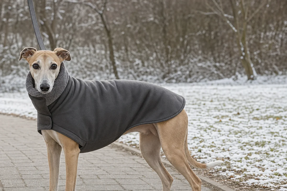 Whippet w ciepłym płaszczyku na zimowym spacerze