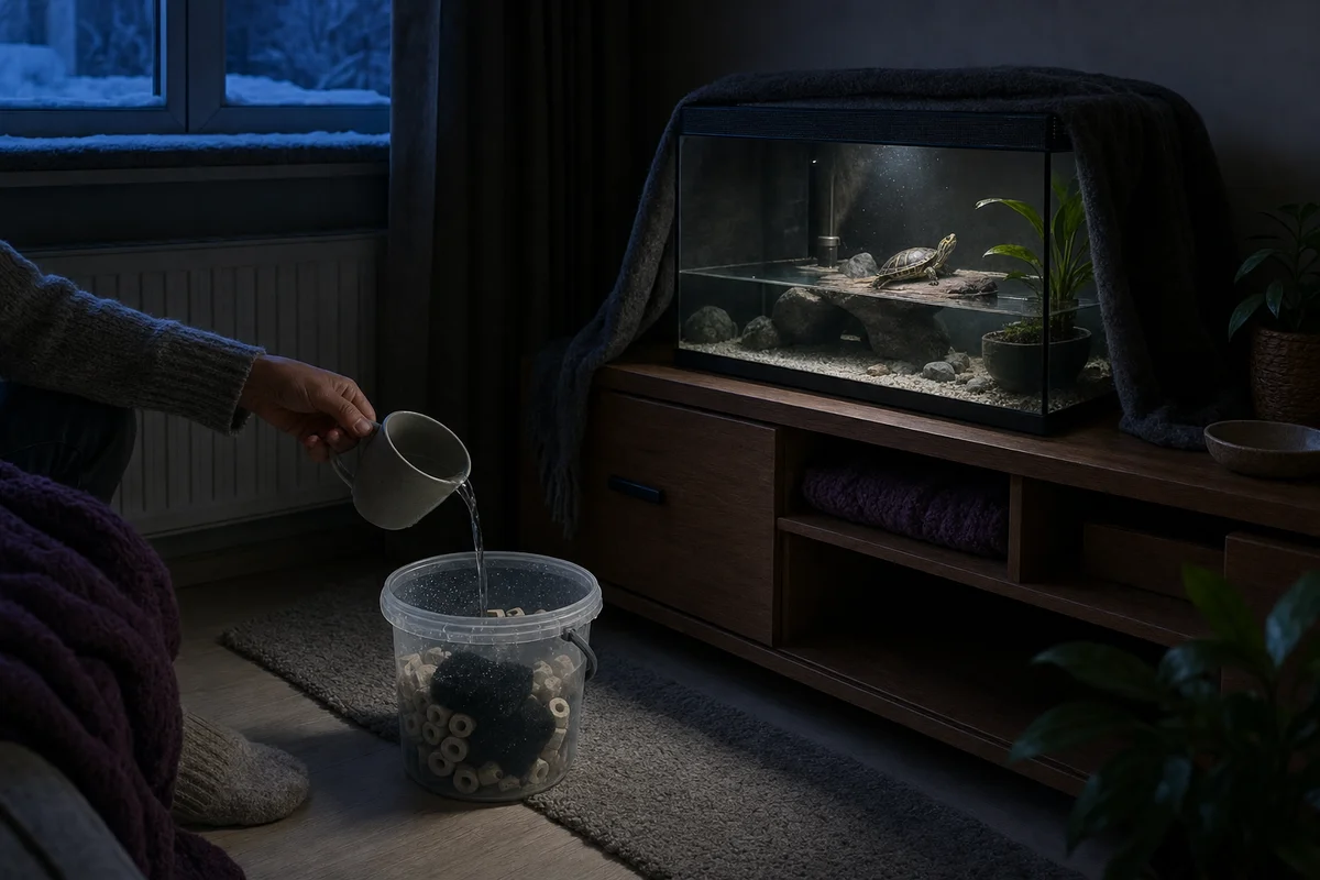 Wkłady filtra akwaterrarium w wiadrze z wodą ze zbiornika podczas awarii prądu