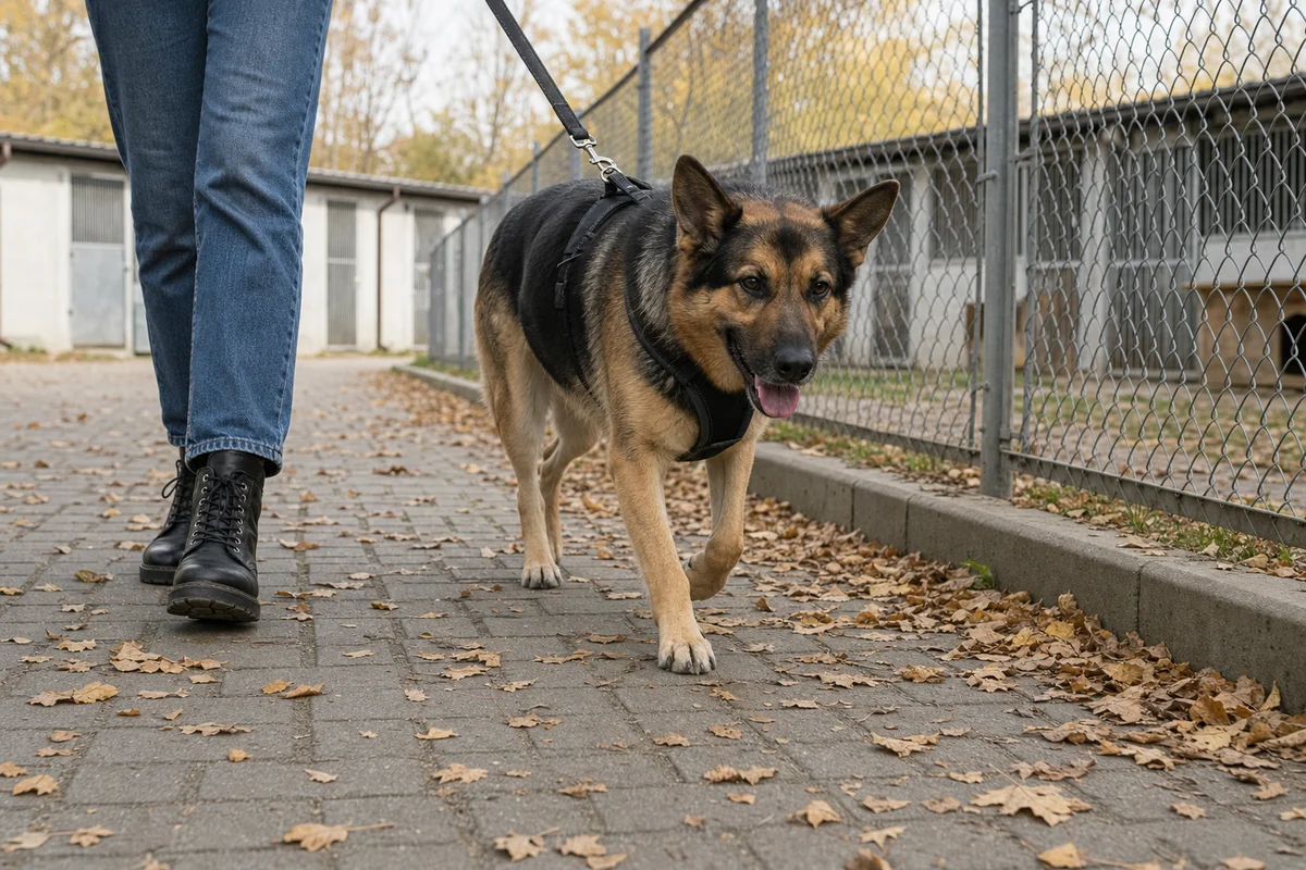 Wolontariuszka organizacji wyprowadza psa ze schroniska