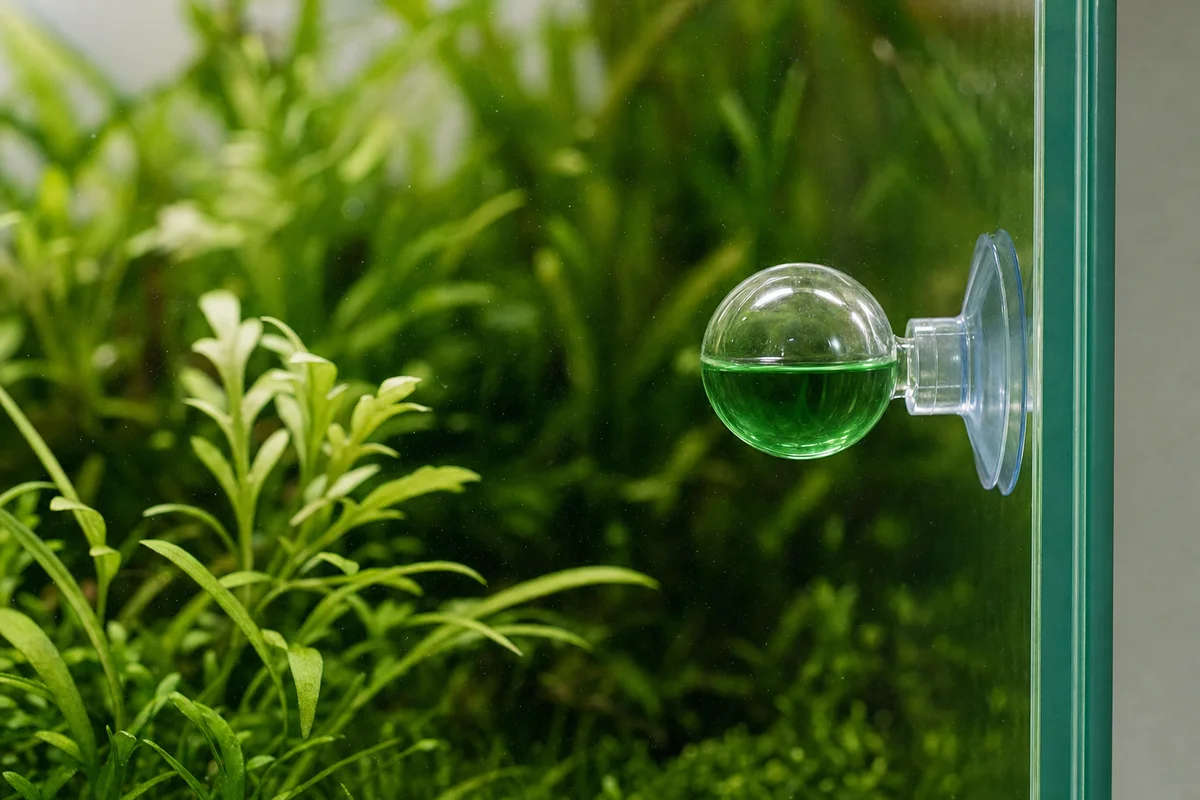 Wskaźnik CO2 drop checker z zielonym płynem w akwarium