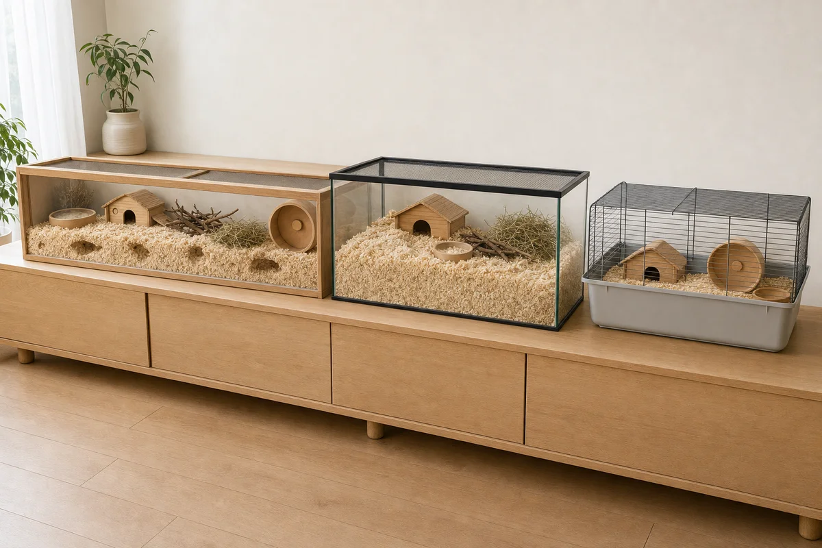 Wybieg z szybą, terrarium i klatka z prętami dla chomika — trzy typy obok siebie