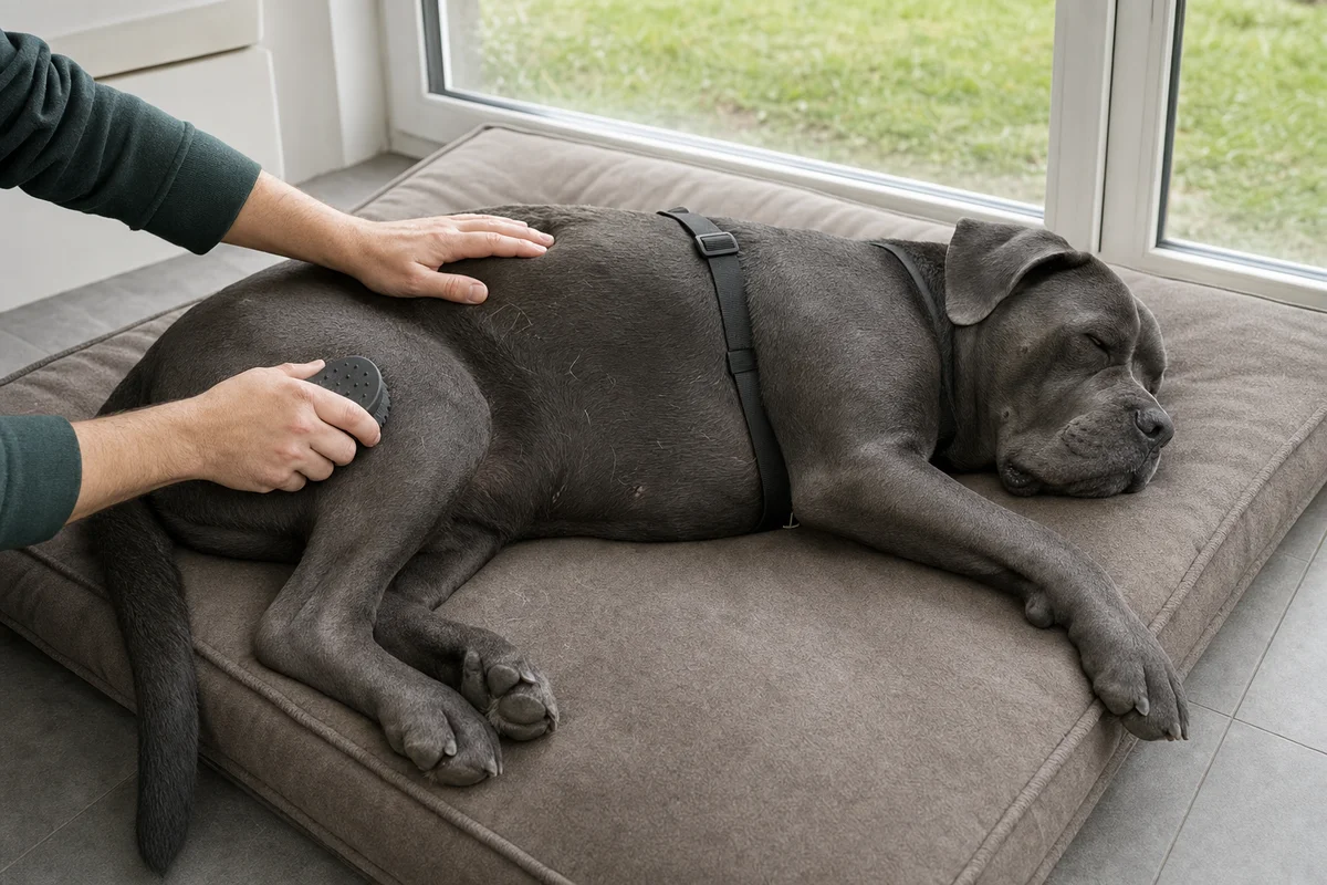 Wyczesywanie krótkiej sierści cane corso gumowym zgrzebłem