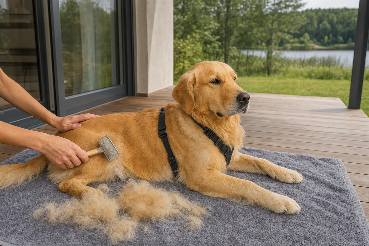 Wyczesywanie podszerstka goldena retrievera szczotką na tarasie