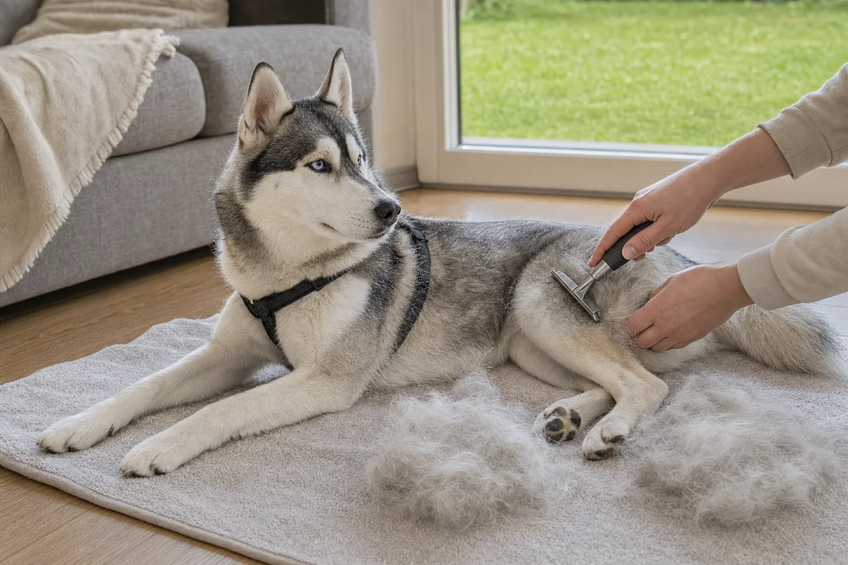 Wyczesywanie podszerstka husky syberyjskiego w czasie linienia