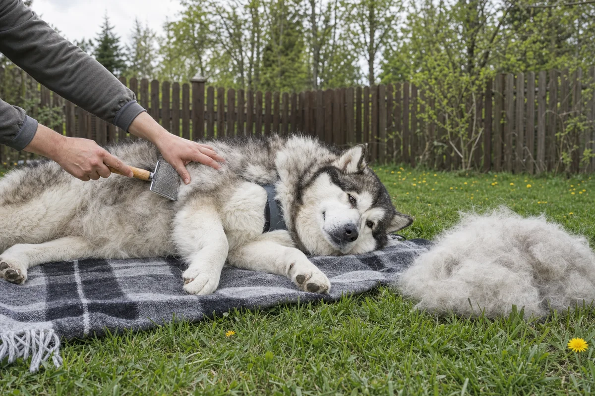 Wyczesywanie podszerstka malamuta w czasie linienia