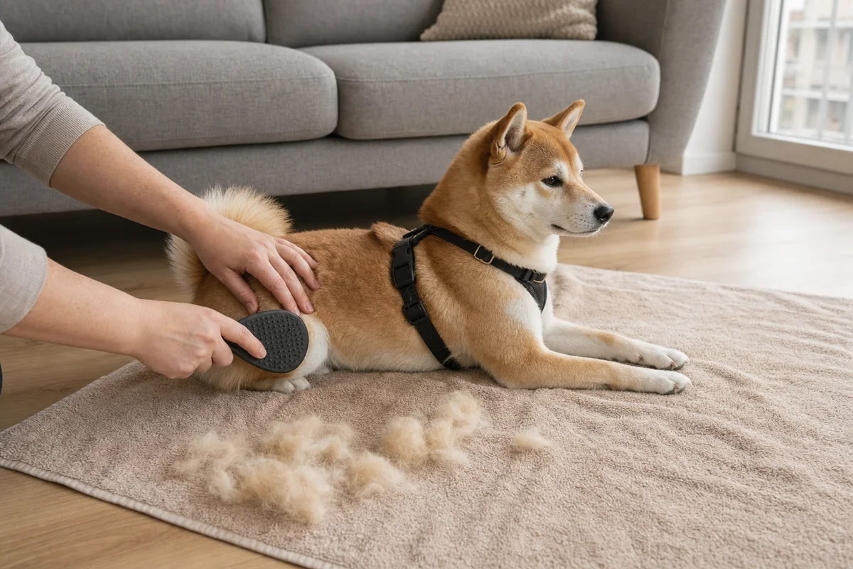 Wyczesywanie podszerstka shiby inu gumowym zgrzebłem