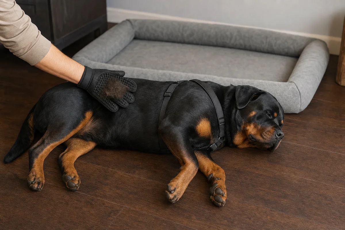 Wyczesywanie rottweilera gumową rękawicą