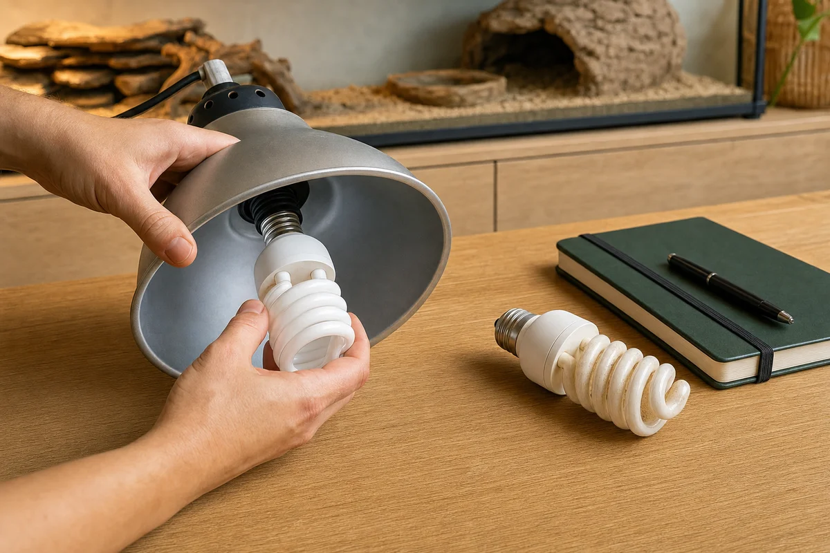 Wymiana lampy UVB w terrarium — nowa świetlówka w oprawie