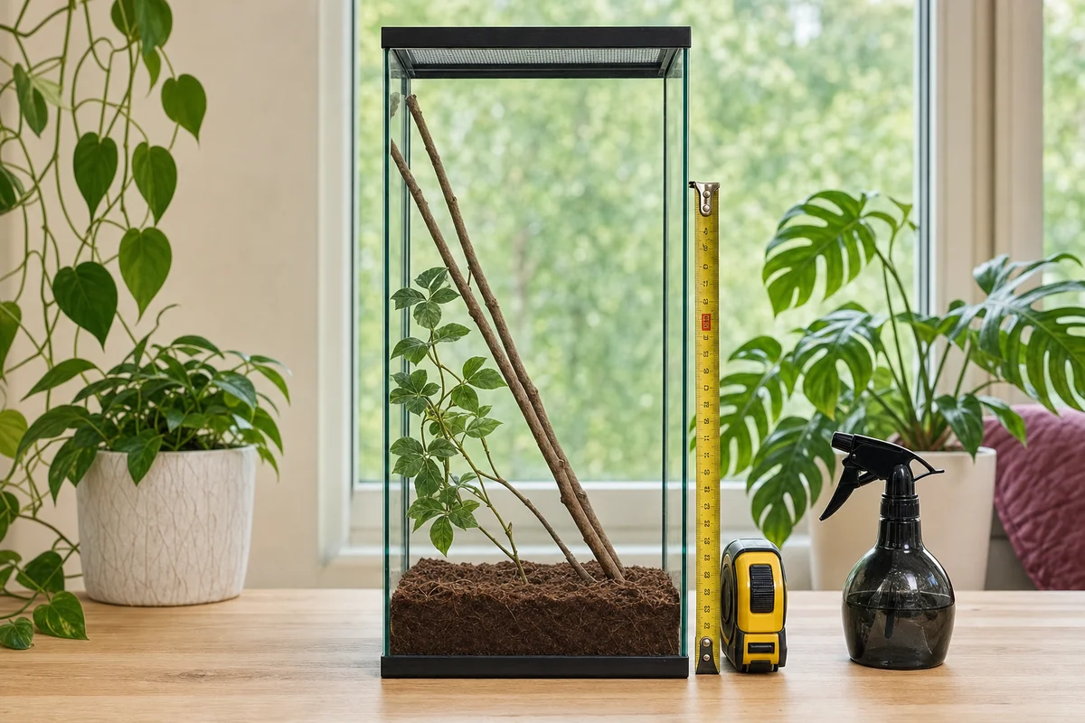 Wysokie terrarium dla modliszki z gałązkami i siatką do linienia