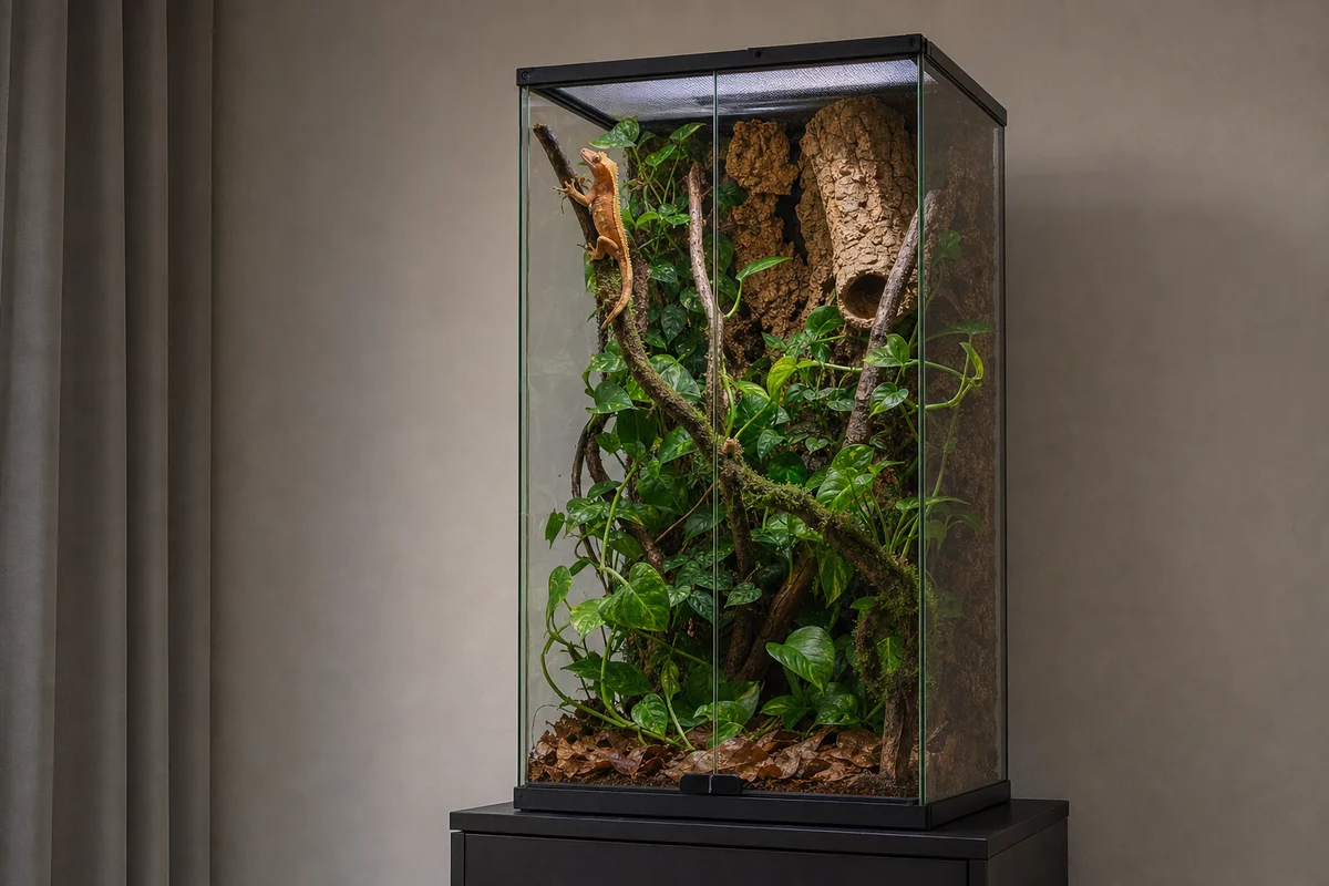 Wysokie terrarium dla gekona orzęsionego z gałęziami