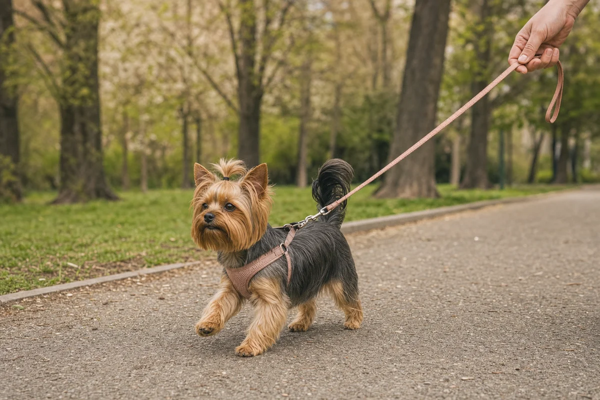 Yorkshire terrier w szelkach na spacerze