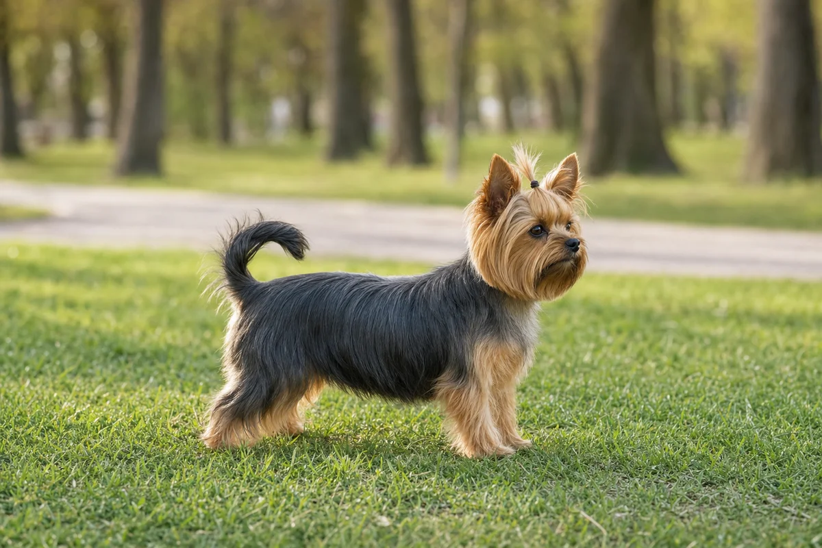 Yorkshire terrier z profilu - stalowoniebieska i złota sierść