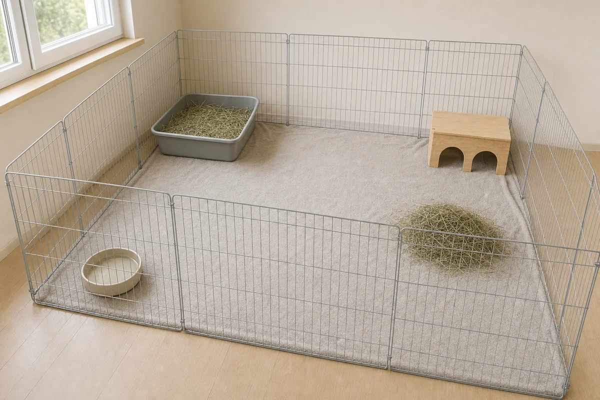 Zagroda przygotowana przed adopcją królika — kuweta z sianem, kryjówka, woda i wolne miejsce
