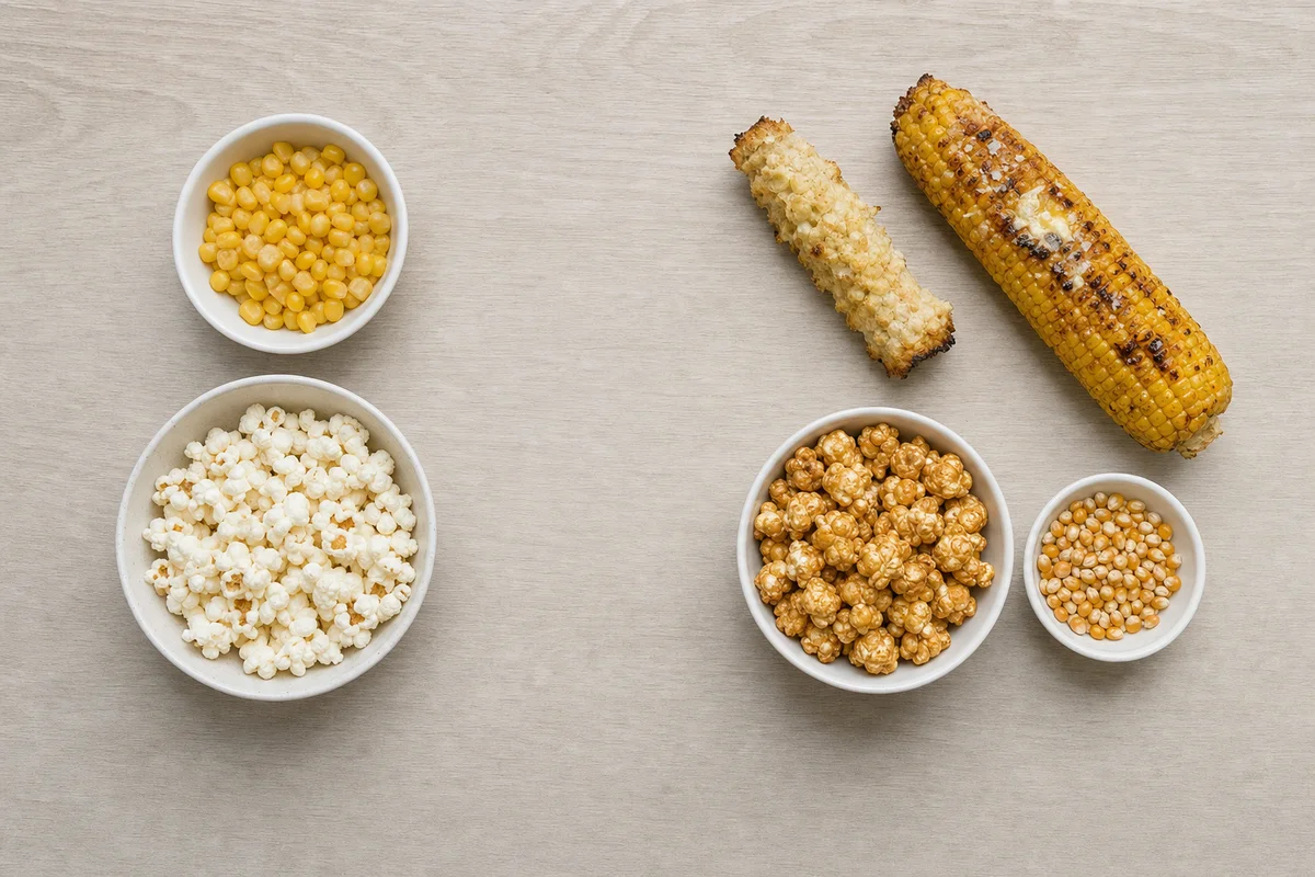 Ziarna kukurydzy i zwykły popcorn obok kolby, popcornu karmelowego i nierozprażonych ziaren