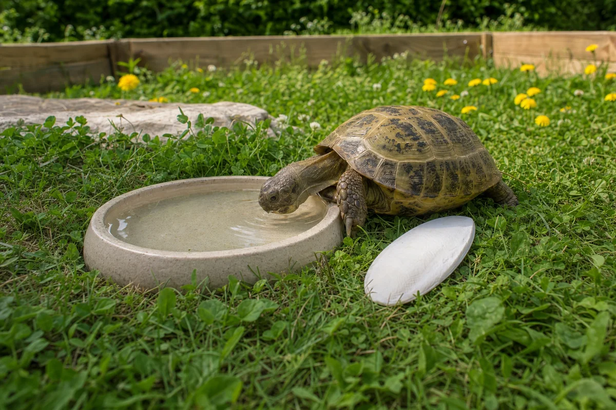 Żółw lądowy pije z płytkiej miski — woda i wapń w diecie