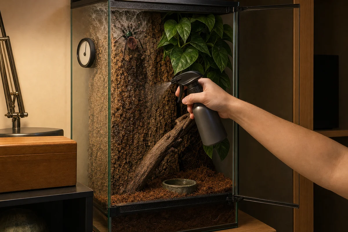 Zraszanie fragmentu kory w terrarium ptasznika nadrzewnego