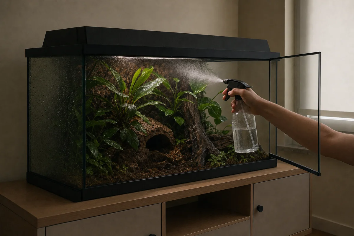 Zraszanie wilgotnego terrarium w upalny wieczór